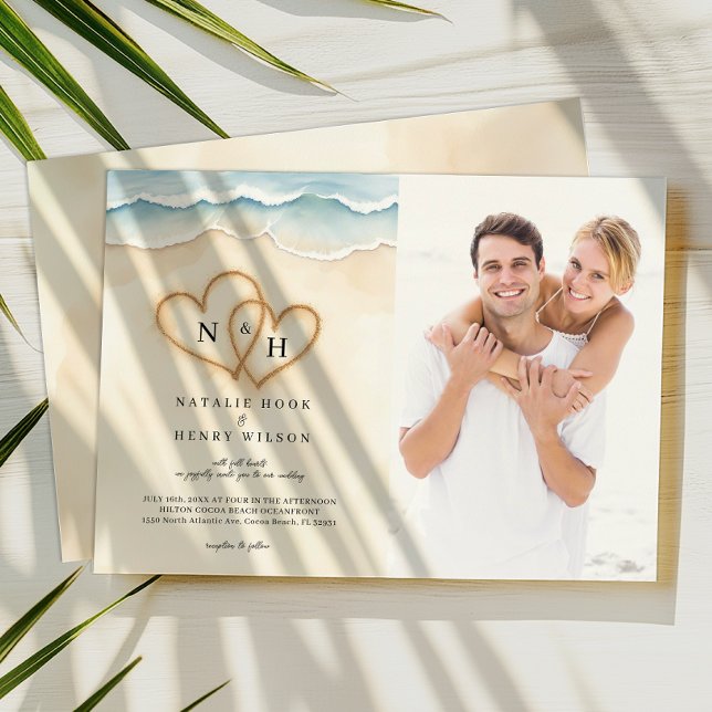 Sand Hearts Beach Wedding Photo Investigge Inbjudningar (Photo Beach Wedding Invite)