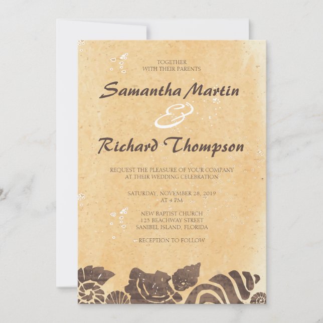 Sand- och Snäckor/Beach Wedding bjudande Inbjudningar (Framsida)