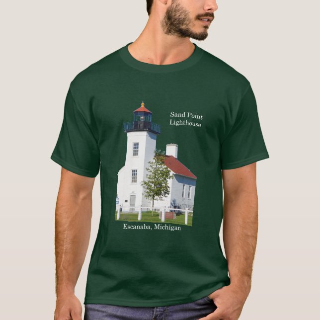 Sand Point Lighthouse Escanaba-mörk T Shirt (Framsida)