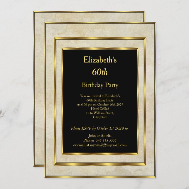 Sand svart i 60:e Födelsedagsfesten Guld Inbjudningar (Fram/baksida)