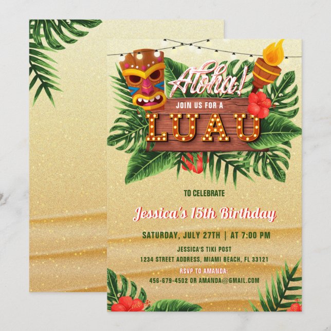 Sand Tropical Luau Birthday-inbjudan Inbjudningar (Fram/baksida)