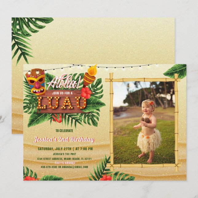 Sand Tropical Luau Birthday-inbjudan med foto Inbjudningar (Fram/baksida)