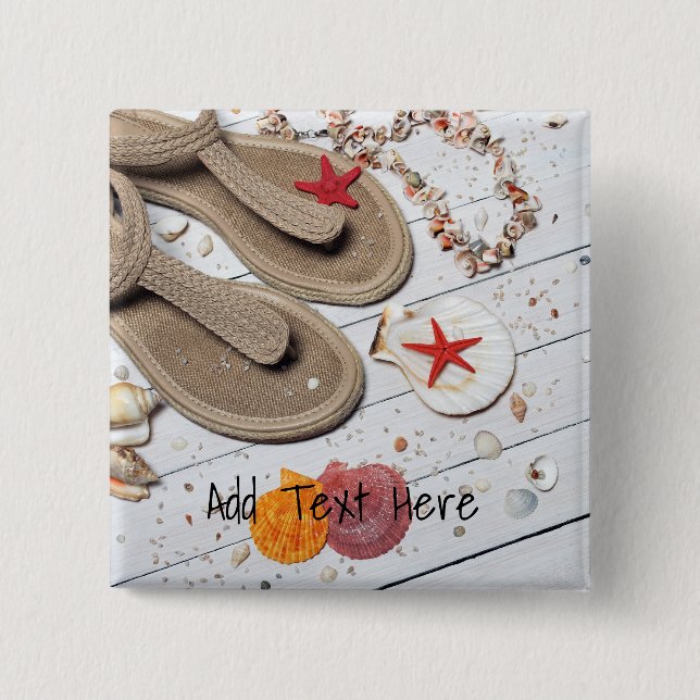 Sandaler, sjöar och stjärtar vid stranden knapp (Framsida)