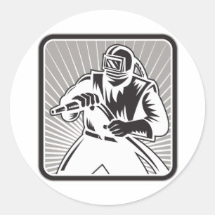 Sandblaster Sand Blaster Woodcut Retro Runt Klistermärke