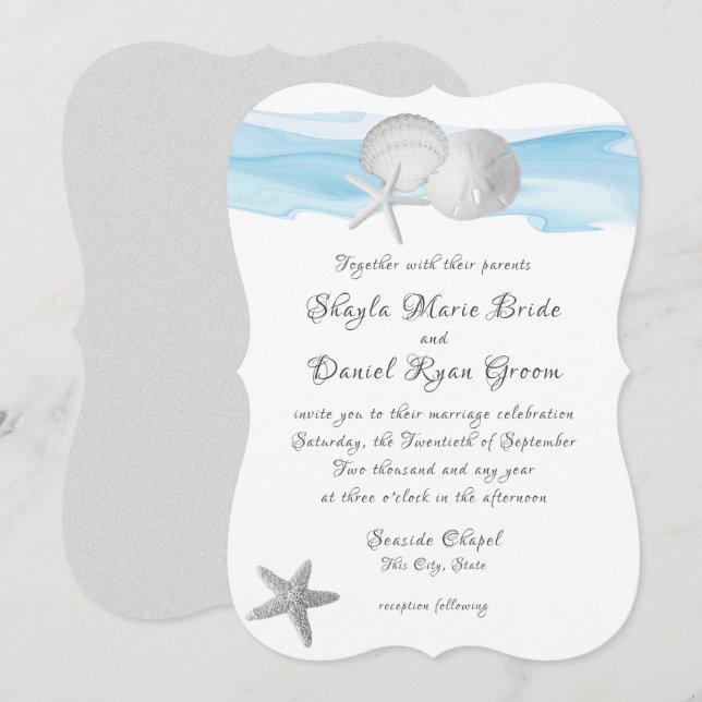 Sanddollar och stjärtfenad blå karibiska persikor inbjudningar (Fram/baksida)