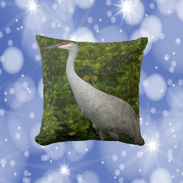 Sandhill Crane Bird in Front Greenery Photo Kudde (A throw pillow featuring a photo of a sandhill crane bird.)