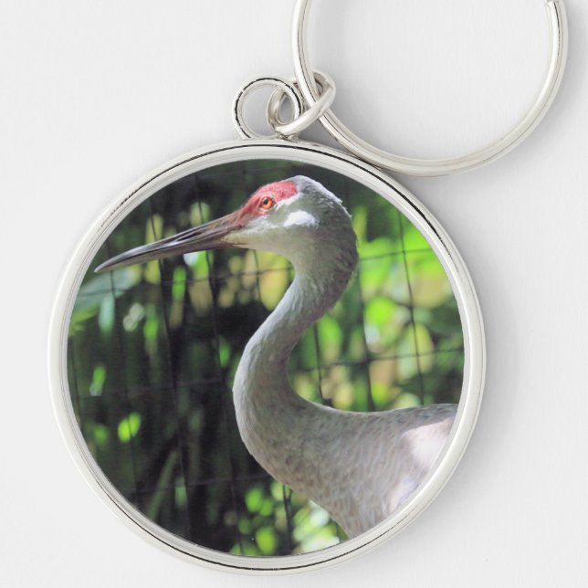 Sandhill crane rund silverfärgad nyckelring (Framsidan)