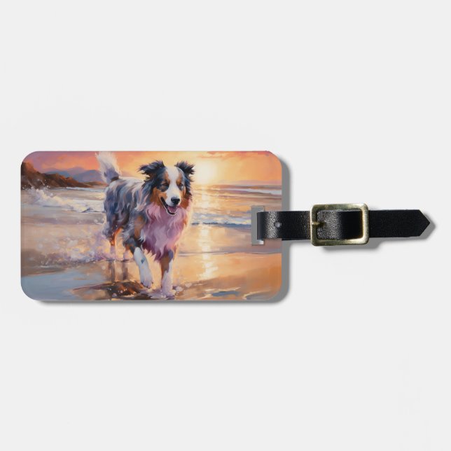 Sandig australisk herdehund på strand vid solnedgå bagagebricka (Horisontell Framsida)