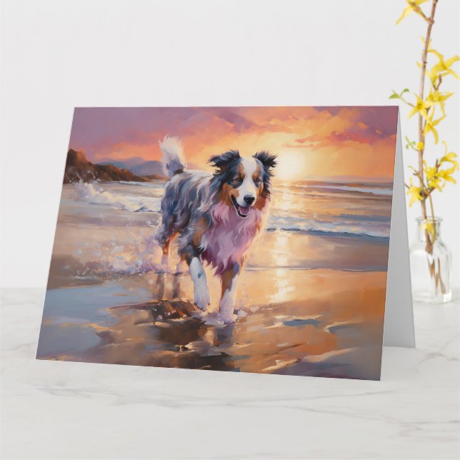Sandig australisk herdehund på strand vid solnedgå kort (Gul blomma)