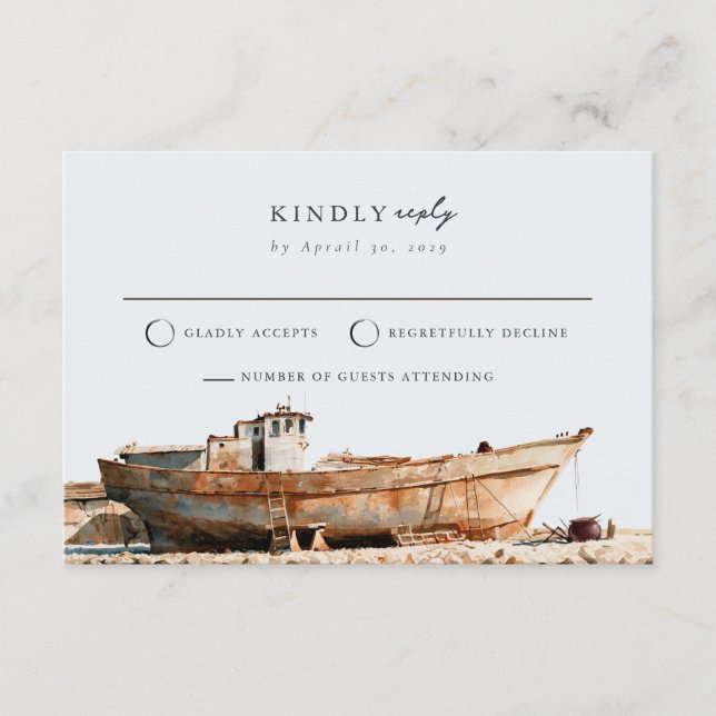 Sandig Beige Adriatisk Båtskriven RSVP-kort  Tilläggskort (Framsida)