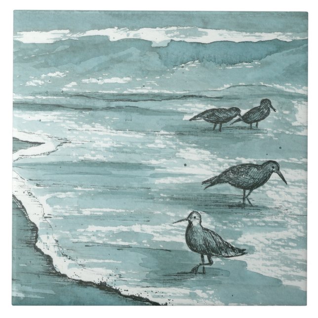 Sandpiper Shore Birds Ocean Vågar Grått Kakelplatta (Framsidan)
