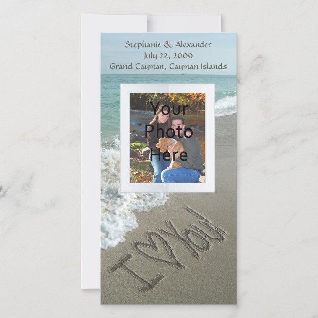 Sandskrift på stranden, jag älskar dig fotokort meddelande (Framsida)