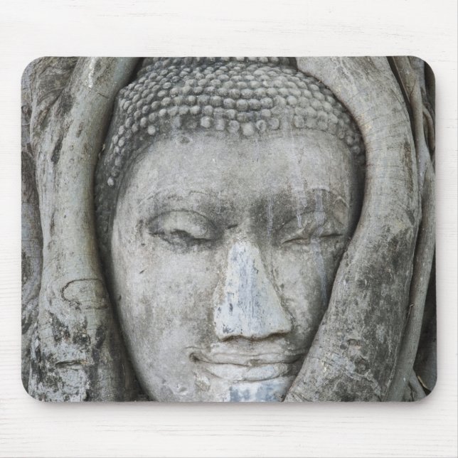 Sandstenshuvud av Buddha omgivet av träd Musmatta (Framsidan)