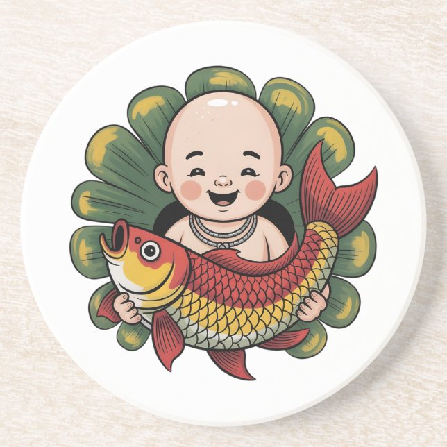 Sandstone-Underlägg | Cute Boy med Lucky Koi Underlägg (Framsidan)