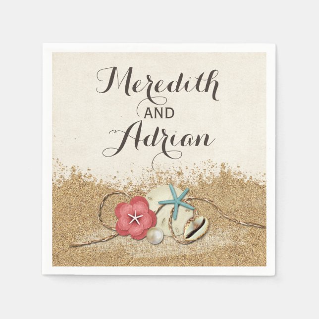 Sandstrand Hibiskus & Skal Bröllop Personligt Pappersservett (Framsidan)