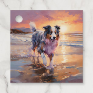Sandy Australian shepherd Hund på Beach Sunset Gåvor Etiketter