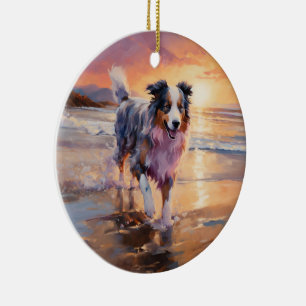 Sandy Australian shepherd Hund på Beach Sunset Julgransprydnad Keramik