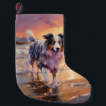 Sandy Australian shepherd Hund på Beach Sunset Liten Julstrumpa<br><div class="desc">Ta dig in i vår vackra "Sandy Tassar och Sunset Hues"-hund på solnedgången. Den här fängslande scenen fångar kärnan av en perfekt kväll vid kusten, med en lojal hund-vän som njuter av den gyllene sanden och de andningsande nyheterna om sol. Oavsett om du är hund älskare eller solnedgångsentusiaster, så ger...</div>