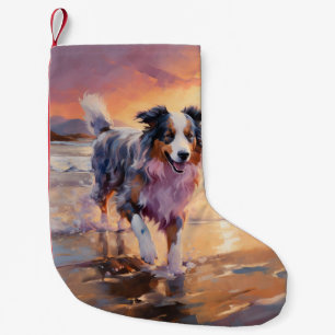 Sandy Australian shepherd Hund på Beach Sunset Liten Julstrumpa