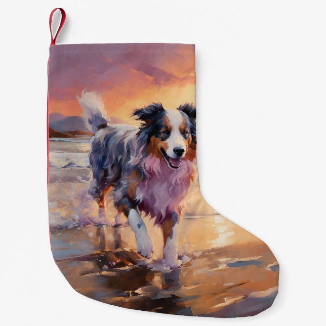 Sandy Australian shepherd Hund på Beach Sunset Liten Julstrumpa (Framsidan)