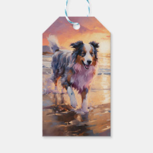 Sandy Australian shepherd Hund på Beach Sunset Presentetikett