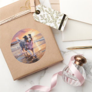 Sandy Australian shepherd Hund på Beach Sunset Runt Klistermärke