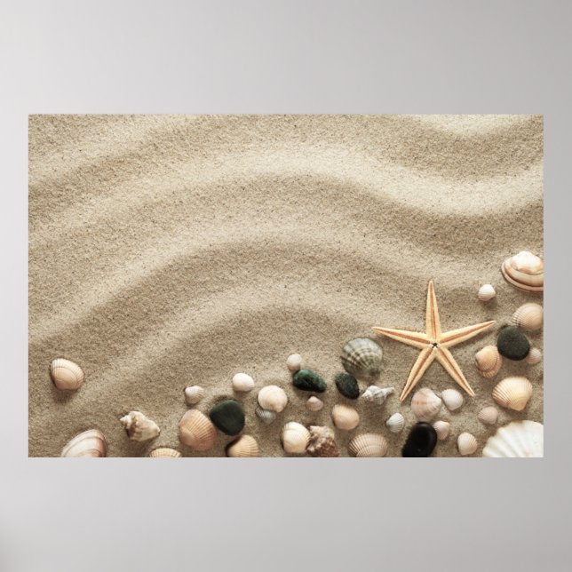 Sandy Beach-bakgrund med Snäcka och stärkelse Poster (Framsidan)