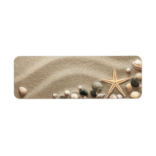 Sandy Beach-bakgrund med Snäcka och stärkelse Returadress Etikett (Framsidan)