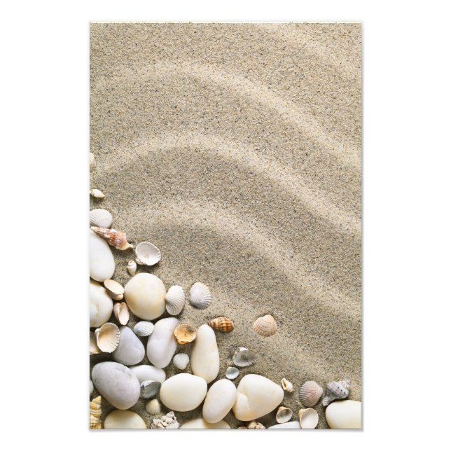 Sandy Beach-bakgrund med Snäckor och stenar Fototryck (Framsidan)