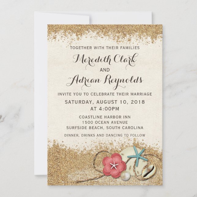 Sandy Beach Hibiscus & Snäckas bröllopsinbjudan Inbjudningar (Framsida)