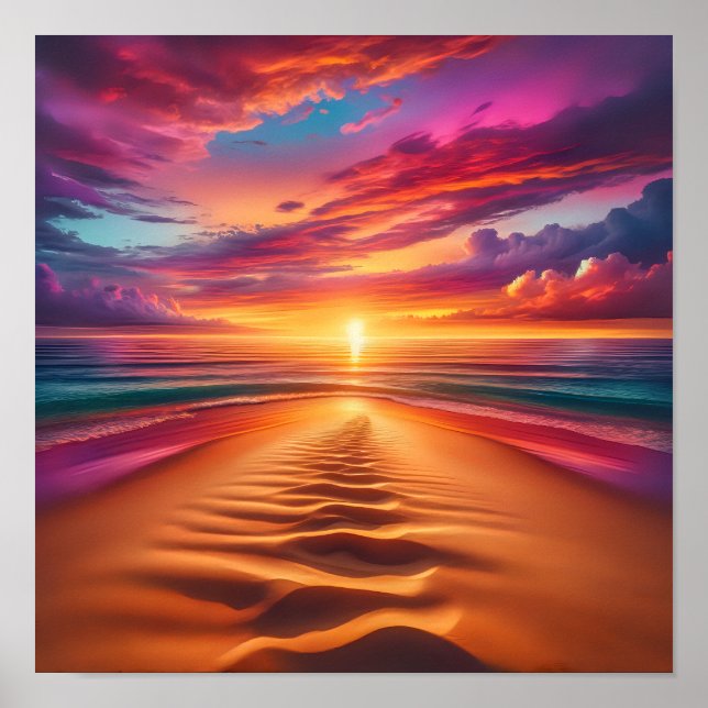 Sandy Beach Leading to a Vibrant Sunset Poster (Framsidan)