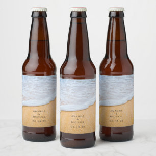 Sandy Beach med Foamy Surfa Bröllop Ölflaska Etikett