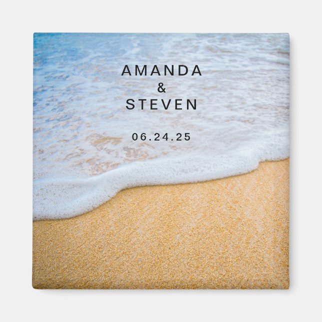 Sandy Beach med Foamy Surfa Bröllop spara datum Magnet (Framsidan)