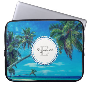 Sandy Beach med Tropical Handflatan Träd Monogram Laptop Fodral