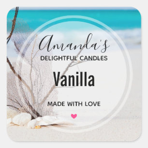 Sandy Beach med White Seashells Candle Business Fyrkantigt Klistermärke