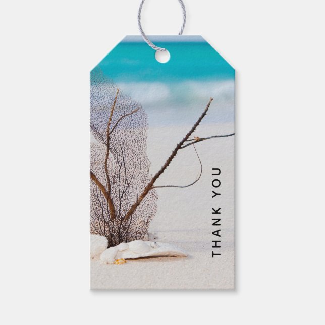 Sandy Beach med White Seashells Tack Presentetikett (Framsidan)