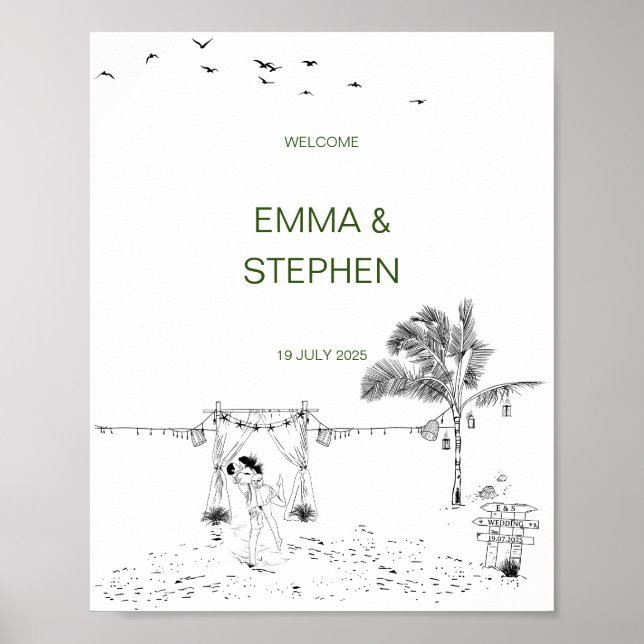 Sandy Beach Minimal Bröllop vid kustnära Kärlek Poster (Framsidan)