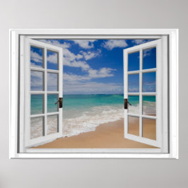 Sandy Beach Ocean View Faux Window Poster