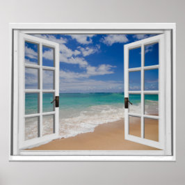 Sandy Beach Ocean View Faux Window Poster