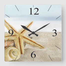 Sandy Beach Starfish Seashells Fyrkantig Klocka