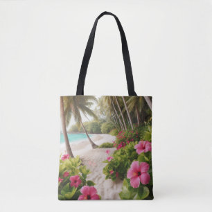 Sandy Beach Tropiska varmröda hibiskusblommor Tygkasse