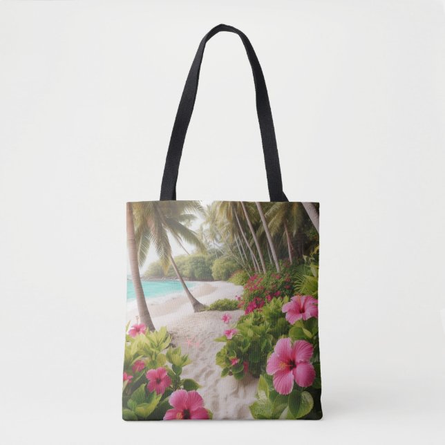 Sandy Beach Tropiska varmröda hibiskusblommor Tygkasse (Framsida)