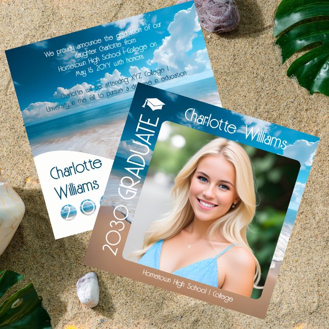 Sandy Beach Vågar Student 2 Photo Studenten Meddelande (Sandy Beach Waves Unique Graduate 2 Photo Graduation Square Announcement)