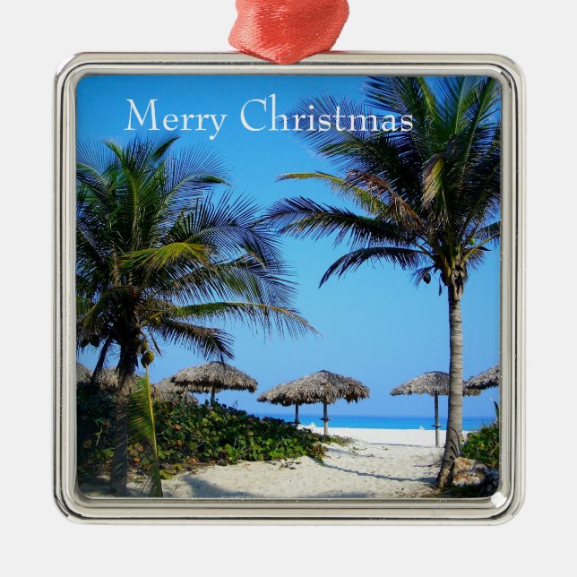 Sandy Beach with Handflatan Träd och An Ocean View Julgransprydnad Metall (Framsidan)