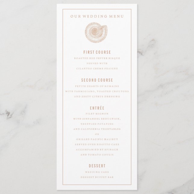 Sandy Beige Sea Snäcka Bröllop Dinner Menu Meny (Framsida)