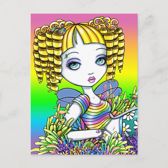 "Sandy" Cute Rainbow Sjöjungfru Fairy Art Postcard Vykort (Framsida)
