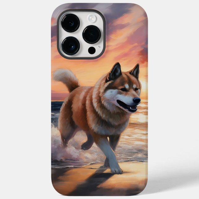 Sandy Paws Akita Hund på Strand Solnedgång (Baksida)