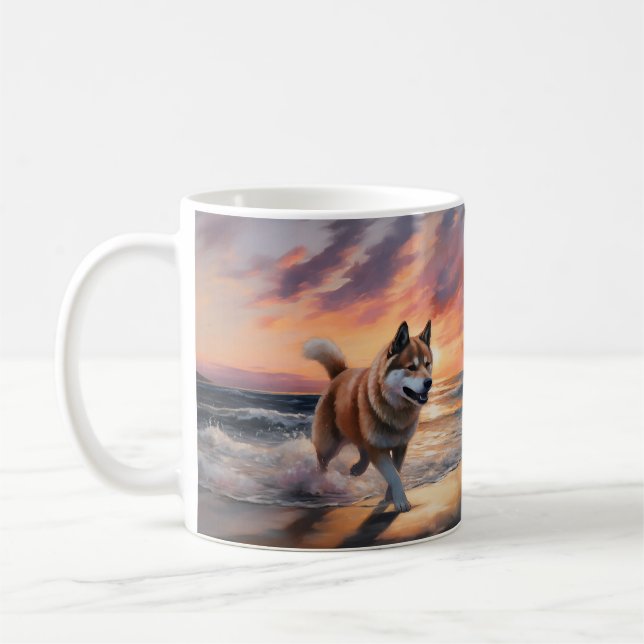 Sandy Paws Akita Hund på Strand Solnedgång Kaffemugg (Vänster)