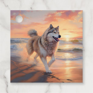 Sandy Paws Alaskan Malamute Hund på Strand Solnedg Gåvor Etiketter
