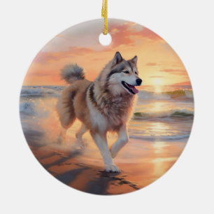 Sandy Paws Alaskan Malamute Hund på Strand Solnedg Julgransprydnad Keramik